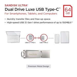 USB C & USB DISK SanDisk 64GB Ultra Dual LUXE, 3.1, srebrn, Type-A in C, kovinski, branje do 150MB/s