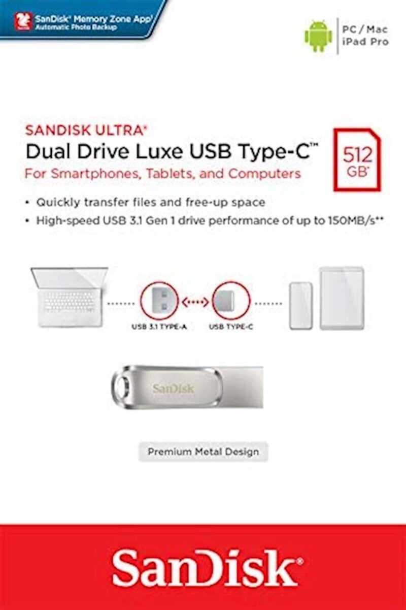 USB C & USB DISK SanDisk 1TB Ultra Dual LUXE, 3.1, srebrn, kovinski, branje do 150MB/s USB C & USB DISK SanDisk 1TB Ultra Dual LUXE, 3.1, srebrn, kovinski, branje do 150MB/s