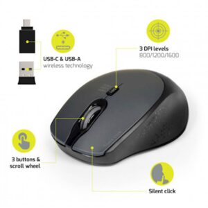 Miška PORT brezžična, USB-A & USB-C, tiha, črna