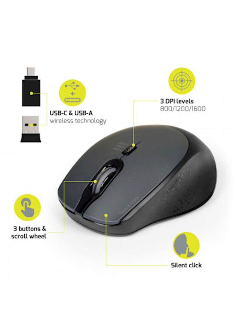 Miška PORT brezžična, USB-A & USB-C, tiha, črna