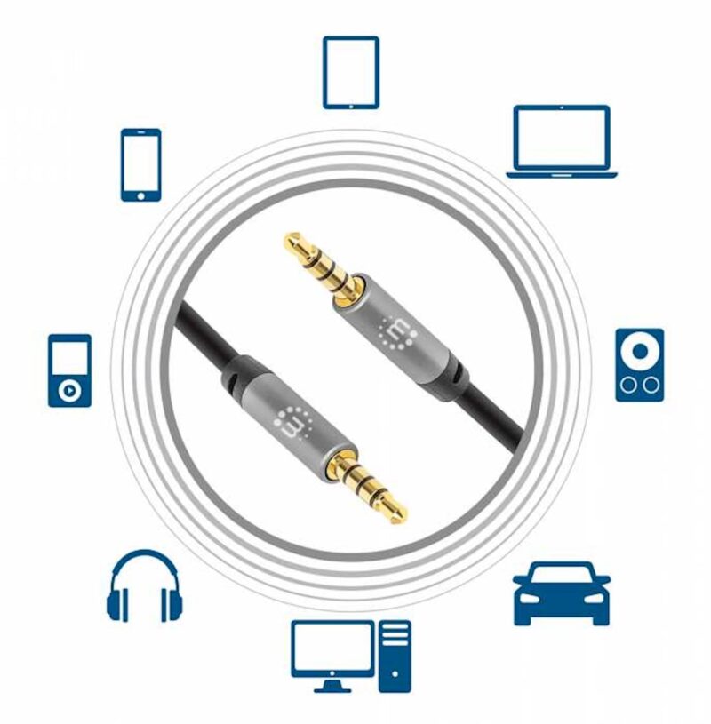 Kabel 3,5 mm Stereo moški/moški MANHATTAN, 3 m, črno/srebrna