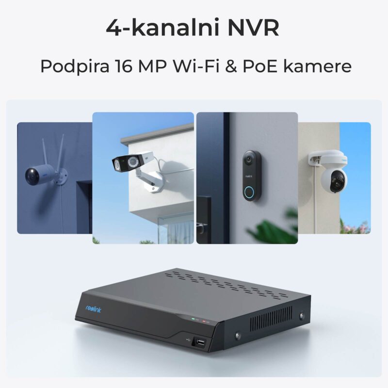Reolink NVR snemalnik NVS4 16Mp, 4 kanalni POE, 24/7 snemanje, do 6TB HDD, odaljen dostop.