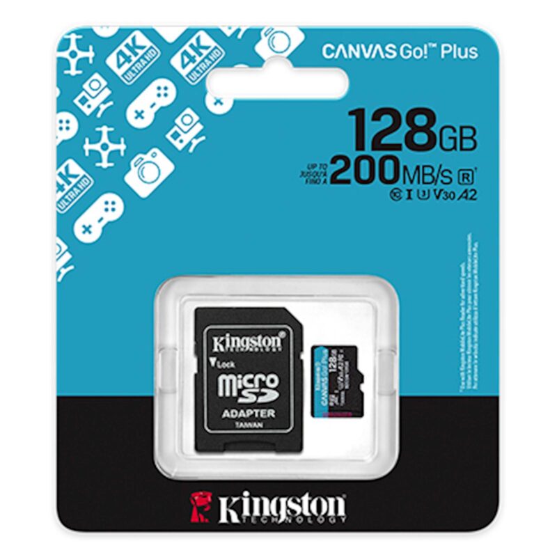 SDXC KINGSTON micro 128GB Canvas Go Plus, 200/100MB/s, C10, UHS-I, U3, V30, A2, adapter SDXC KINGSTON micro 128GB Canvas Go Plus, 200/100MB/s, C10, UHS-I, U3, V30, A2, adapter