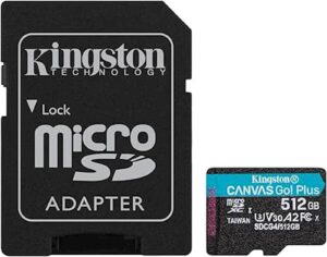 SDXC KINGSTON micro 512GB Canvas GO Plus, 200/160MB/s, C10, UHS-I, U3, V30, A2, adapter
