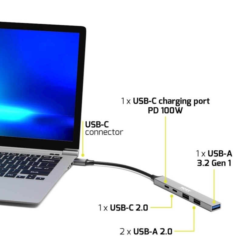 HUB PORT USB 5 PORTS 3A + 1C + PD 100W - for Bt
