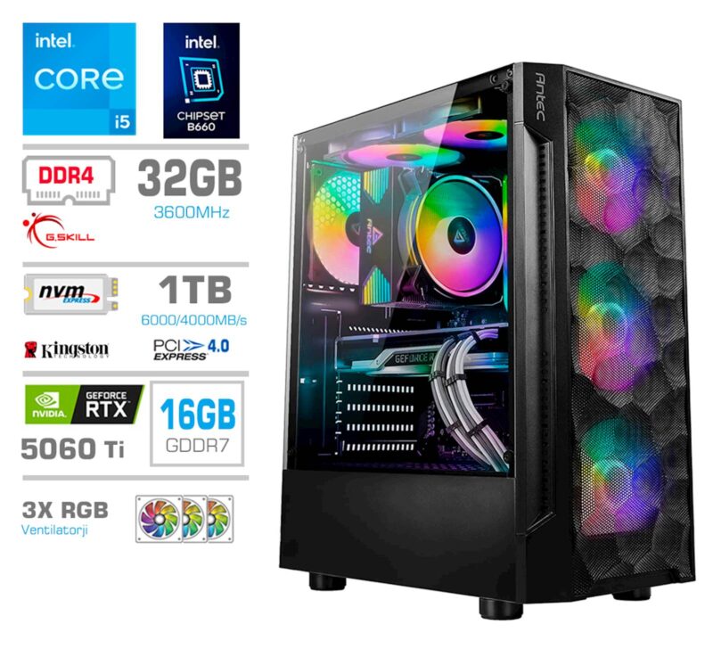 Računalnik PCX Exton i5 14600KF/32GB/1TB/RTX5060Ti/RGB