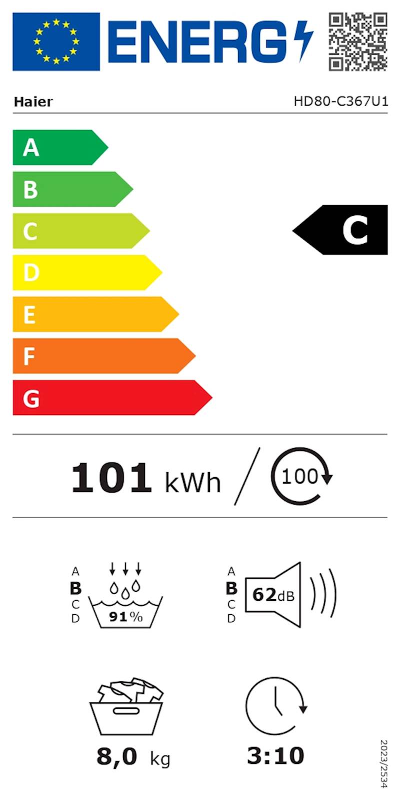Sušilni stroj HAIER HD80-C367U1-S, 8 kg, C