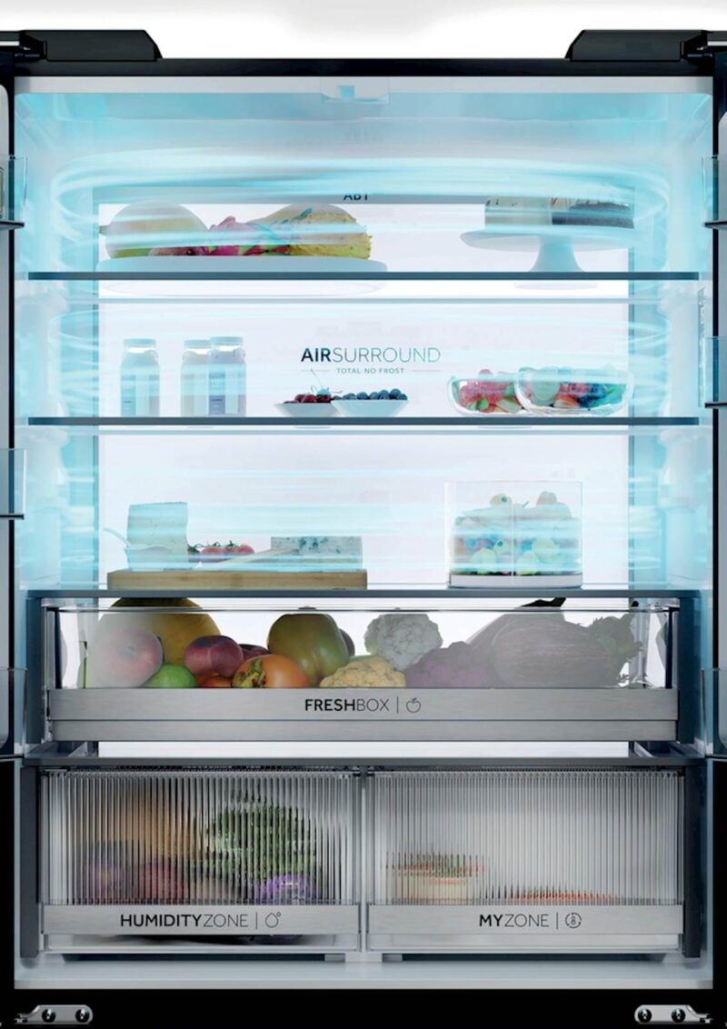 Hladilnik HAIER HFKR7819DNGB, 190 cm, E, 468 l, French Door, črna na steklu