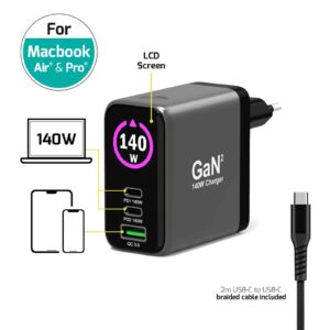 Polnilnik GAN PORT usb-C in Usb-A 140 W2, OLED z