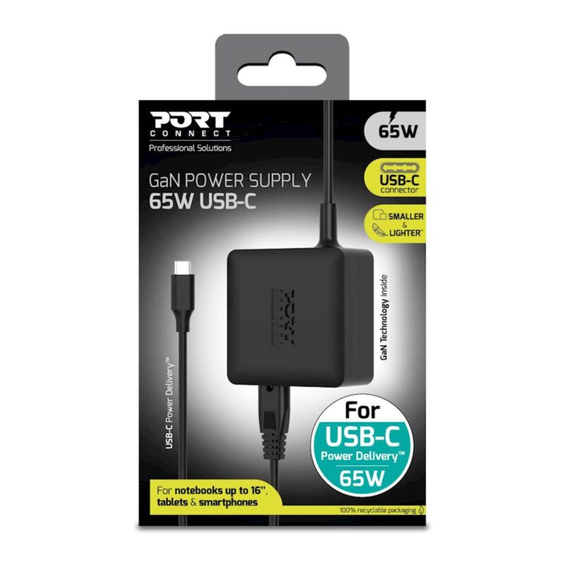 Napajalnik Port GaN 65W, Tip C, AC kabel EU