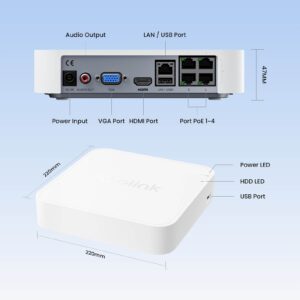 Reolink PoE NVR snemalnik NVS4E, 6 kanalov, 4x PoE, do 12MP, do 8TB HDD, Lokalno AI iskanje