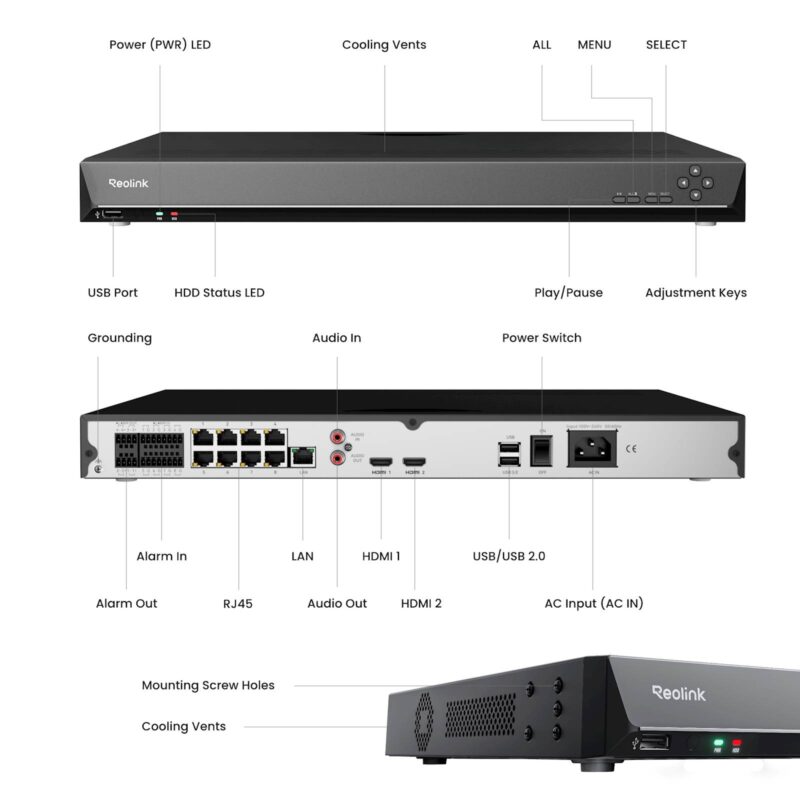 Reolink 64-kanalni PoE NVR RP-N64, 16MP, do 80TB, Disk Group Mode, AI zaznavanje