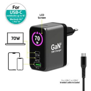 PORT Connect GaN stenski polnilec 70W OLED + 2 m kabel USB-C (EU)