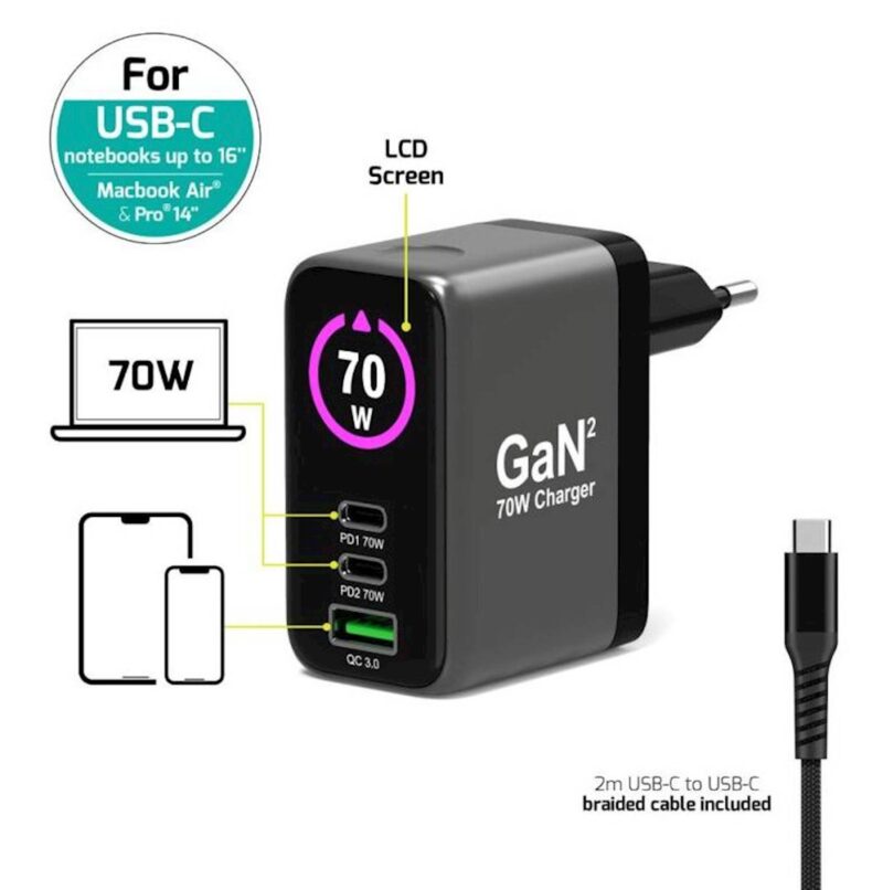 PORT Connect GaN stenski polnilec 70W OLED + 2 m kabel USB-C (EU)